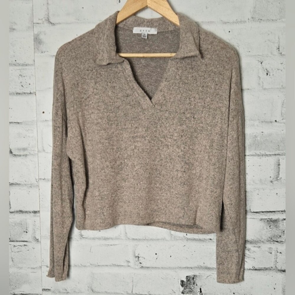 GAZE Collared Cropped Knit Sweater Womens XS Mocha Boxy Soft Pullover